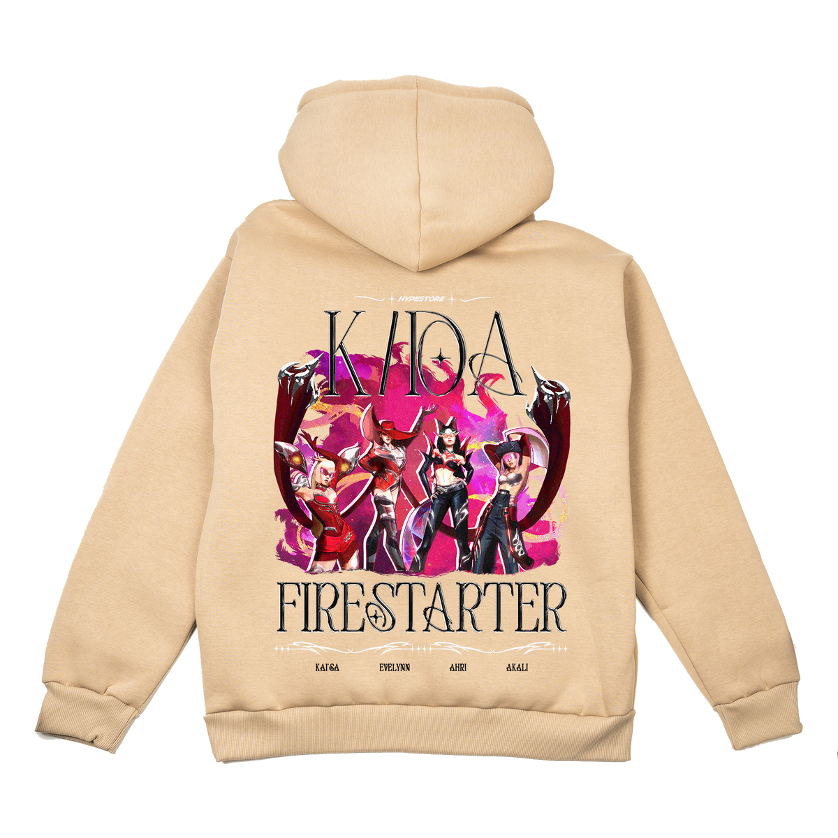 Firestarter K/DA hoodie in beige – back, flat lay – League of Legends