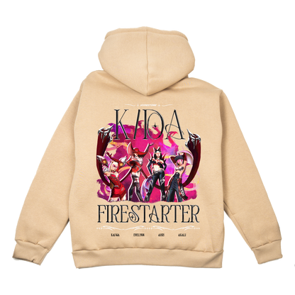 Firestarter K/DA hoodie in beige – back, flat lay – League of Legends