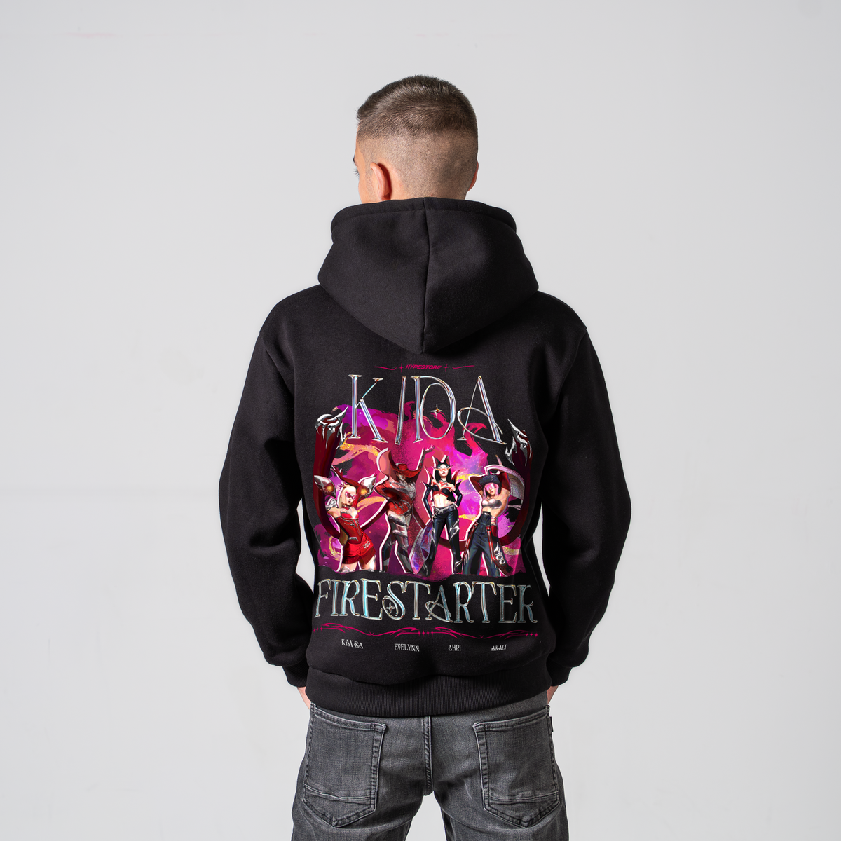 Firestarter K/DA hoodie in black – back view on model – League of Legends