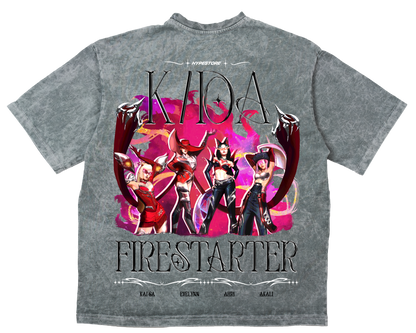 Firestarter K/DA oversize T-shirt in gray – back, flat lay – League of Legends