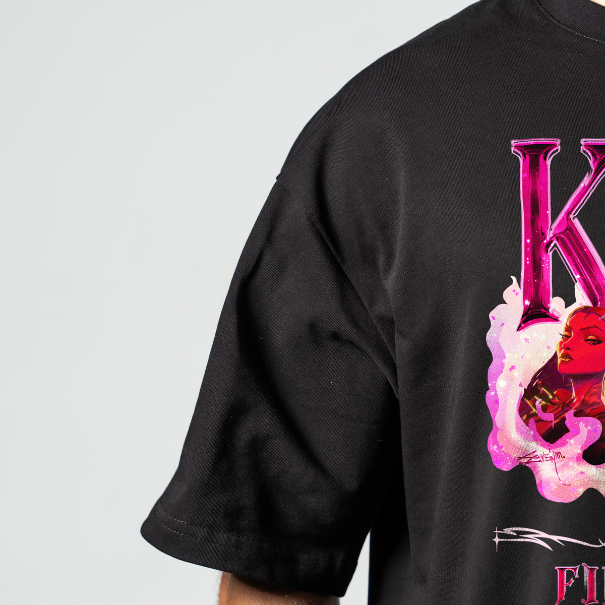 K/DA oversize T-shirt in black – front print close-up – League of Legends